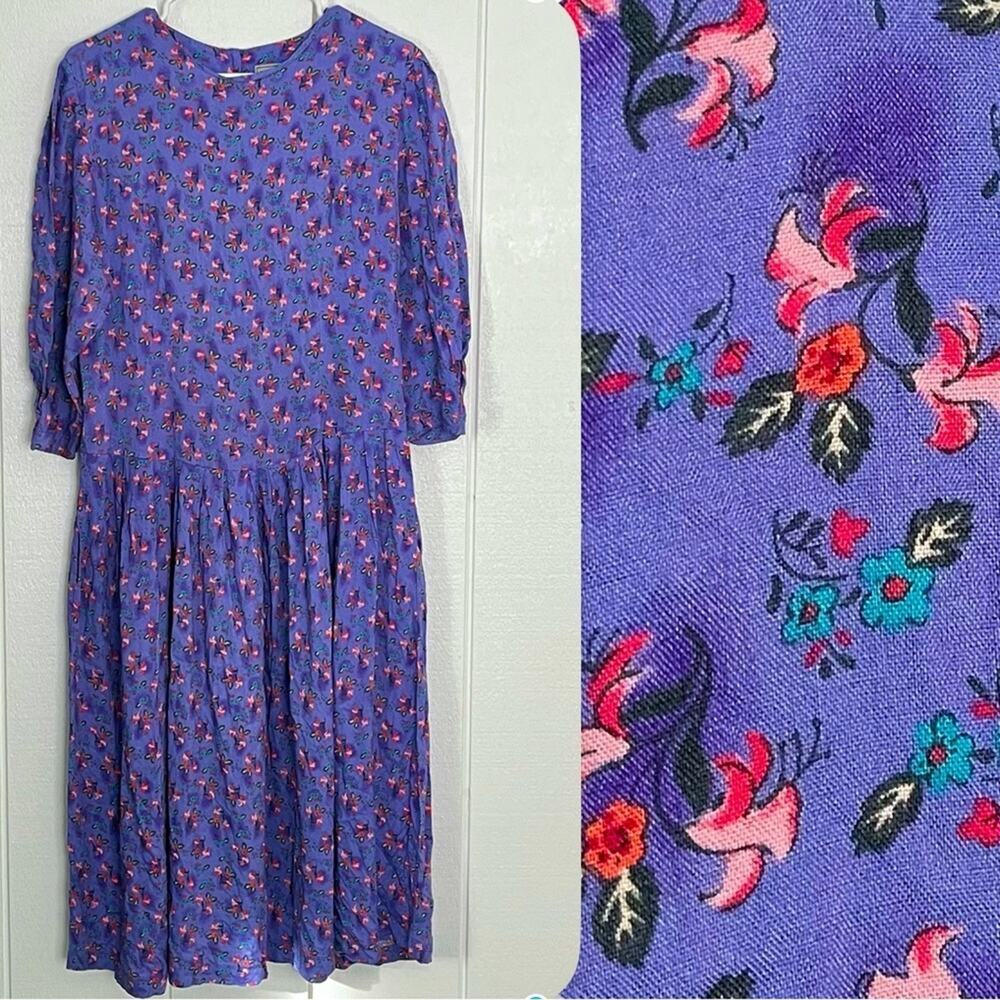 Vintage 90s Purple Floral Dress Prairie Cottagecore Pleats Pockets Lavender 9/10